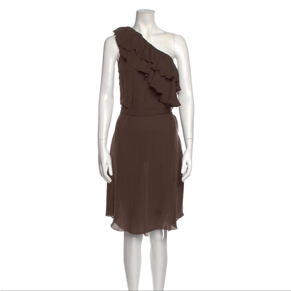 L’Agence 100% Silk‎ Y2K Vintage Dress One Shoulder Ruffle Midi Brown